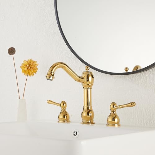 2 Handles 3 Holes Faucet Widespread Bathroom Sink Faucet Basin Tap Mixer Supply Hose Included Matching Pop Up Drain Polished Gold - color: Polished Gold, size: Widespread