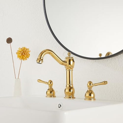2 Handles 3 Holes Faucet Widespread Bathroom Sink Faucet Basin Tap Mixer Supply Hose Included Matching Pop Up Drain Polished Gold - color: Polished Gold, size: Widespread