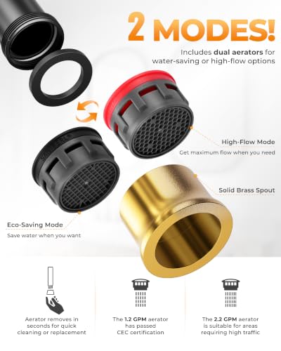 WOWOW Black Gold Bathroom Faucet 3 Hole, Widespread Vanity Sink Faucets | Copper Inlet 8 Inich Faucet for Bathroom Sink with Swivel Spout, 2 Handles Lavatory Tap with Drain and cUPC Supply Line - color: Black and Gold, style: Upgrade-8 Inch