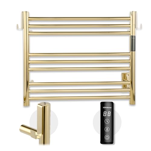 K&KALONZO Wall-Mounted 9-Bar Heated Towel Rack, Fast Heat in 2 Min, NTC Safety | 4 Timers & 3 Heat Levels Control, Plug-In/Hardwired, Top Hooks, Memory Function, Anti-Scald, Stainless Steel, EL13ST - color: Polished Gold, size: H 19.7 x W 23.6