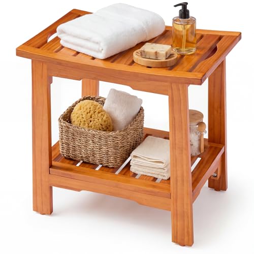 DUMOS 18" Woodern Shower Bench for Inside Shower, Waterproof Bathroom Bench | Shower Chair for Shaving Legs and Spa, Non-Slip Solid Wood Shower Stool with Handles for Senior Adult Disabled Elderly, Brown - size: 17.91"W