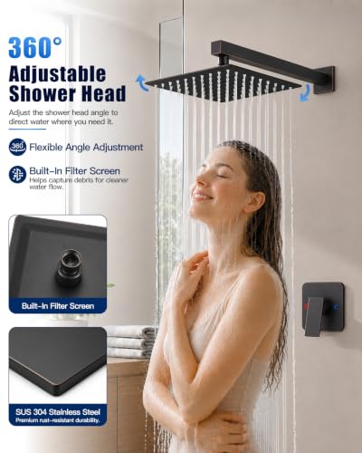 Heyalan 10 Inch Square Rain Shower Faucet Set with Valve, Oil Rubbed Bronze | Female-thread 1/2-inch NPT connections, SUS304 shower head, brass rough-in valve, single-handle control Shower Set - color: Bronze, size: 10 Inch Square Shower Head