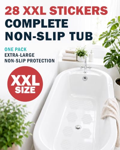 Anti-Slip Shower Stickers, 4" Hex 28 Pack, Bathtub & Shower Floor Grip | Extra Traction for Tub Steps & Wet Surfaces | Scraper & Application Guide Included | Micro-Pyramid Texture Adds Extra Bite