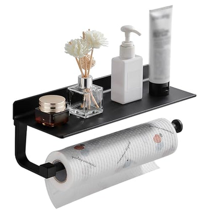 Wall Mount Paper Towel Holder with Shelf for Bathroom/Kitchen, Adhesive Hand Towel Holder, Matte Black - color: Black