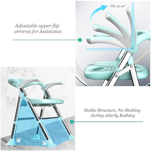 Shower Chair, Shower Chair for Elderly & Disabled, Heavy Duty Bath Stool with Arms and Back, Adjustable Height, Non-Slip Shower Bench Seat, Safe Foldable Bath Assist for Seniors Inside Bathtub Shower