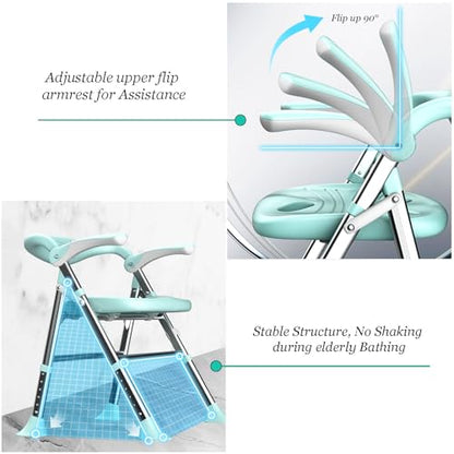 Shower Chair, Shower Chair for Elderly & Disabled, Heavy Duty Bath Stool with Arms and Back, Adjustable Height, Non-Slip Shower Bench Seat, Safe Foldable Bath Assist for Seniors Inside Bathtub Shower