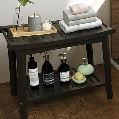 Bamboo Shower Bench for Inside Shower to Sit on, Heavy Duty Bathroom Chair Seat with Storage Shelf, 23.7" W x 12.9" Dx 18.4" H, Spa Bath Chair for Bathrooms, 300 lbs Capacity (Black) - color: Black