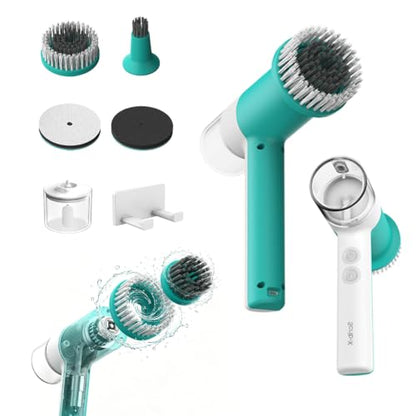 Dual-Rotation Electric Spin Scrubber, Cordless Shower Scrubber - IPX5 Waterproof Multi-Surface Cleaning Brush for Bathroom, Kitchen, Tile, Glass & More - Includes 4 Brush Heads