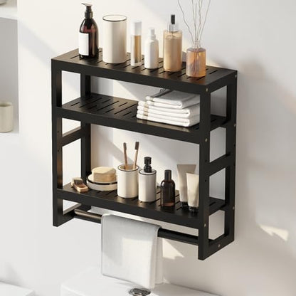 Bathroom Shelves with Hanging Bar Over Toilet Storage - Adjustable Wall Organizer (Black) - color: Black