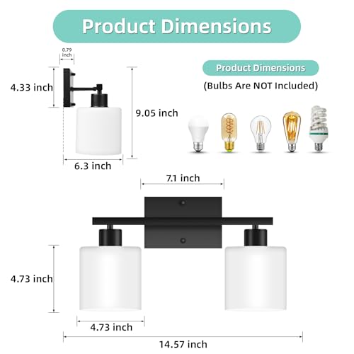 SILAMPDI 2-Light Bathroom Lighting Fixtures, Black Modern Vanity Lights Wall Lamp with Milky White Glass Shades for Mirror Kitchen Living Room Hallway Cabinet Porch, Bulbs Not Included - color: Black-2Light