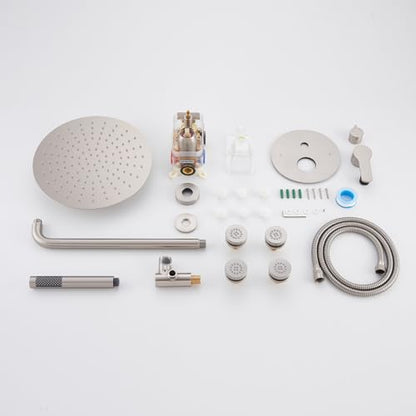 Iriber Brushed Nickel Round Rain Shower System with 4 PCS Body Jets 3 Function Shower Faucet Set Contain 12 Inch Shower Head and Handheld Wall Mounted Pressure Balance Shower Trim Kit (Valve Included) - color: Brushed Nickel 04