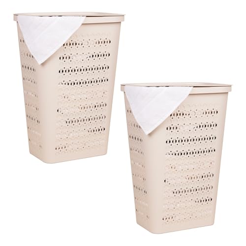 Mind Reader Slim Tapered Laundry Hampers with Lid, Clothes Basket with Swiss Cross Cut-Outs, Lightweight & Ventilated, Plastic, Set of 2, Ivory - color: Ivory
