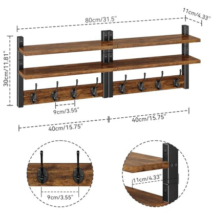 Double Shelf Coat Rack Wall Mount with 8 Hooks, Rustic Brown HWS009H-2 | Wooden Coat Hanger Key Holder Wall Mount for Coats Hats Keys - Wood Wall Mounted Coat Rack with Shelf for Entryway & Bathroom - color: Rustic Brown