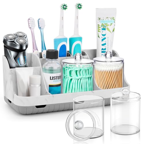 GFWARE Marble Bathroom Toothbrush Holder Set with 2 Qtip Holder Dispenser | Detachable 7 Slots Bathroom Accessory Set, Kids Bathroom Sink Counter Set, Bathroom Essentials Decor, Anti-Slip, Marble-Look - color: Marble Sets