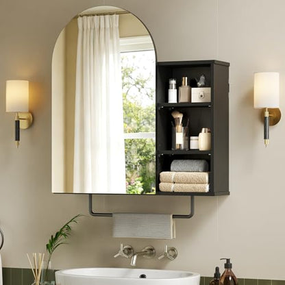 Arched Bathroom Medicine Cabinet Mirror with Storage, Modern Arch Mirrored Cabinets, Wall-Mounted Vanity with 2 Adjustable Shelves & Towel Bar, Not Recessed, Black - color: Black