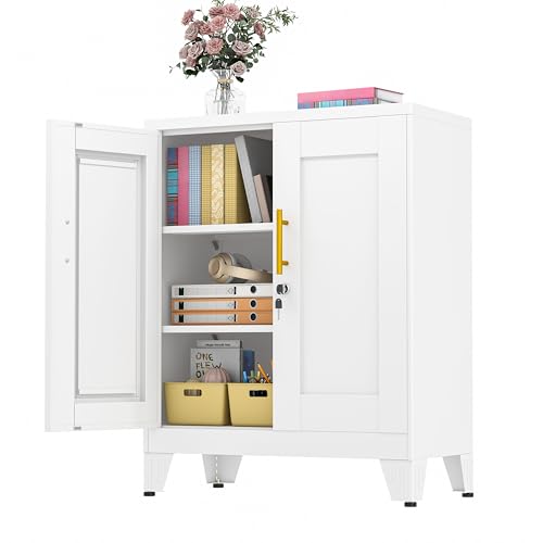 GAIOUS 36" Metal Floor Storage Cabinet, Locked Steel Storage Cabinets with 2 Doors and 2 Adjustable Shelves, White Kitchen Cabinet, Freestanding Cabinet for Home/Office/Garage/Tool Room/Bathroom - color: White, size: 13.78"D x 27.56"W x 35.83"H