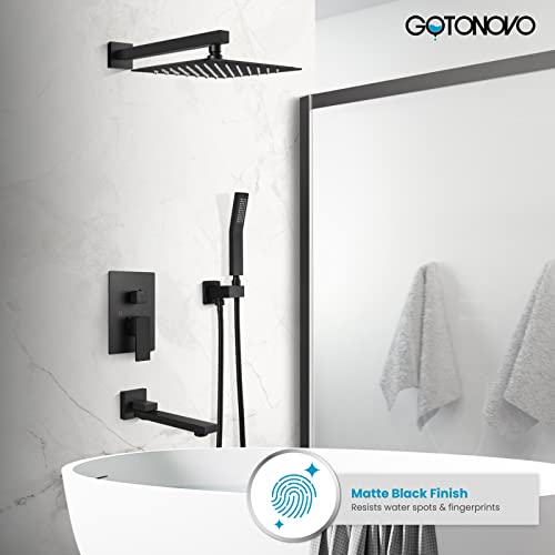 gotonovo Tub Shower Faucet Set with Valve Kit 12’’ Head,Matte Black | Shower System with Tub Spout,SUS304 Rain Head with Handheld Sprayer,Swivel Spout,All Metal,Rough-In Valve Trim Kit,Wall Mount - color: Black, size: 12’’ Head