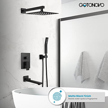 gotonovo Tub Shower Faucet Set with Valve Kit 12’’ Head,Matte Black | Shower System with Tub Spout,SUS304 Rain Head with Handheld Sprayer,Swivel Spout,All Metal,Rough-In Valve Trim Kit,Wall Mount - color: Black, size: 12’’ Head