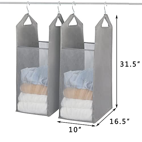 STORAGE MANIAC 2-Pack Hanging Laundry Hamper, Front See-Through Mesh Bag, Slim Basket, Double Hanging Closet Hamper, Narrow Organizer, Grey | Double Closet Laundry Bags, 10" x 16.5" x 31.5", Oxford Fabric, Slim Clothes Basket for Dorms, College & Small Sp