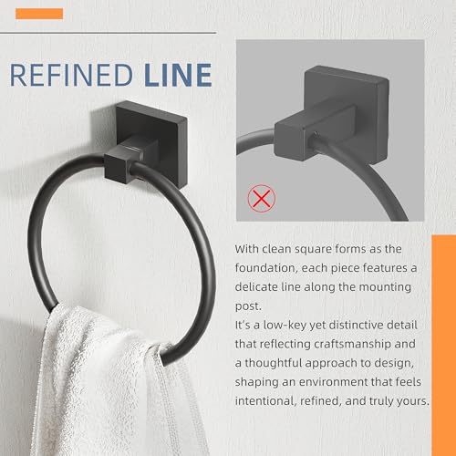 RUACQ Towel Ring, Hand Towel Holder for Bathroom Wall, Matte Black | Wall Mounted Hand Towel Bar, 304 Stainless Steel Towel Hanger, Square Base, Round Towel Holder Design, Modern, Heavy Duty - color: Black, size: 1