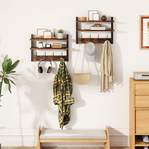 Double Shelf Coat Rack Wall Mount with 8 Hooks, Rustic Brown HWS009H-2 | Wooden Coat Hanger Key Holder Wall Mount for Coats Hats Keys - Wood Wall Mounted Coat Rack with Shelf for Entryway & Bathroom - color: Rustic Brown