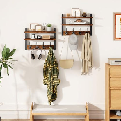 Double Shelf Coat Rack Wall Mount with 8 Hooks, Rustic Brown HWS009H-2 | Wooden Coat Hanger Key Holder Wall Mount for Coats Hats Keys - Wood Wall Mounted Coat Rack with Shelf for Entryway & Bathroom - color: Rustic Brown
