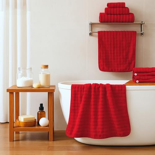 COZYART Lint Free 8 Pcs Bathroom Towels Set Ultra Soft Microfiber Red | Fluffy, Thick, Highly Absorbent, Fast Dry, No Shedding, No Pilling, Fade Resistant, Durable, Long-lasting - color: Red