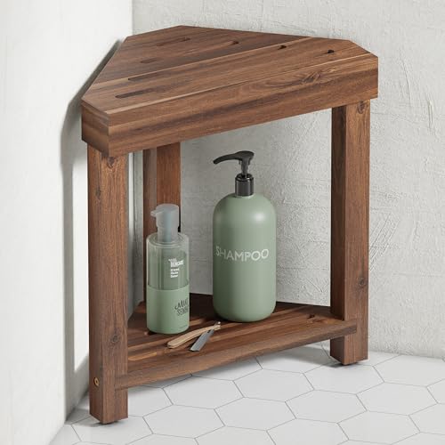 BLUEWEST 16.4 Inch Shower Foot Stool for Shaving Legs, Acacia Wood, Walnut | Stable Corner Step Stool and Compact Shower Bench for Inside-Shower Use, Designed for Small Bathrooms and Shower Spaces. - color: Walnut