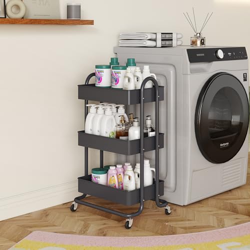 MIOCASA 3-Tier Metal Utility Rolling Cart, Heavy Duty Multifunction Cart with Lockable Casters, Easy to Assemble, Suitable for Office, Bathroom, Kitchen, Garden (Dark Gray, 3-Tier-Metal) - style: Dark Gray
