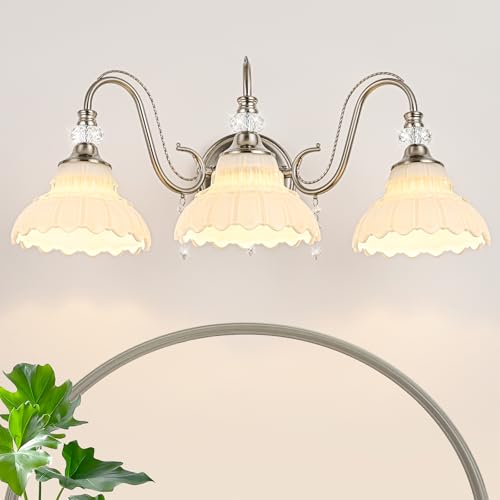 Brushed Nickel Bathroom Vanity Light, 3-Light Nickel Finish Wall Sconce with Hanging Crystal Accents and Flower-Shaped White Glass Shades, Modern Wall Mount Vanity Light Over Mirror for Bathroom - color: Nickel and White, size: 3-Light