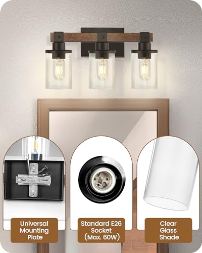 3-Light Bathroom Light Fixture, Farmhouse Vanity Lights for Bathroom with Glass Shade, Rustic Bathroom Light Fixtures, E26 Base F08BD05 - size: 3-Light