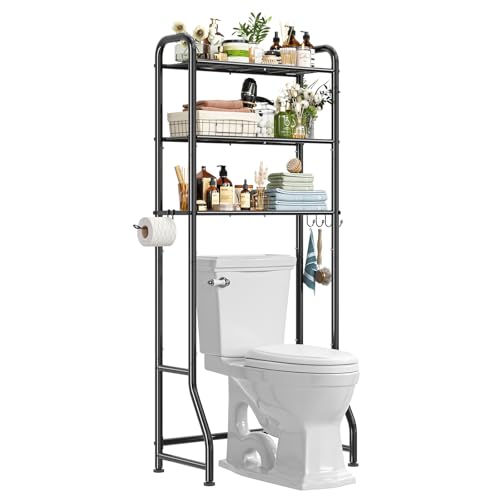 Simple Trending Over The Toilet Storage Rack, Metal 3 Tier Bathroom Organizer Shelf with Paper Holder and 3 Hooks, Freestanding Shelf Space Saver Above Toilet,Black - color: 3-tier Black