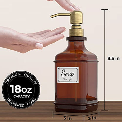 GLADPURE Soap Dispenser 2 Pack, Hand Soap Dispensers with 18 Oz Antique Design Thick Amber Glass Bottle, 316 Rust Proof Stainless Steel Pump, 6Pcs Stickers, for Lotion, Soap - Brushed Gold - color: Brushed Gold