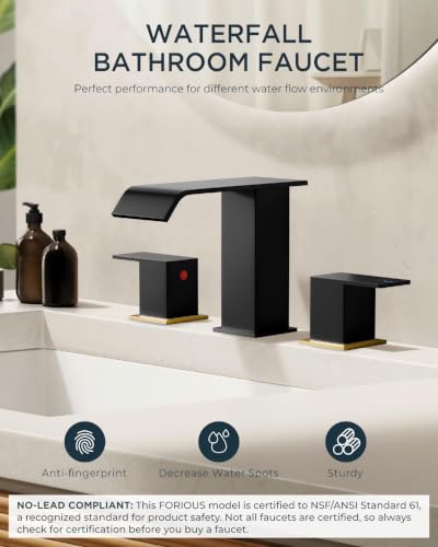 FORIOUS Bathroom Faucet 3 Hole,8 Inch Widespread Sink Faucet Black and Gold | 3-hole 4-12 Inch Widespread Sink, Square Waterfall Spout, with Drain and Hoses,for Vanity Rv Commercial Lavatory Restroom - color: Black and Gold
