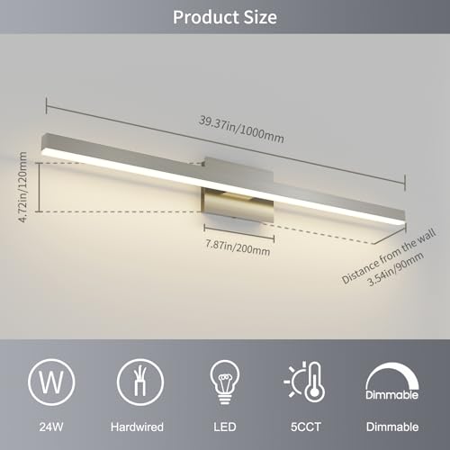 Joossnwell Brushed Nickel Bathroom Vanity Light Fixture Over Mirror | Dimmable 5CCT Modern Bathroom Light Fixtures 39.37 Inch LED Vanity Lighting Bath Light ETL Certificated - color: Brushed Nickel, size: 39.37 Inch Long