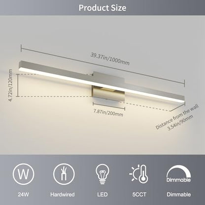 Joossnwell Brushed Nickel Bathroom Vanity Light Fixture Over Mirror | Dimmable 5CCT Modern Bathroom Light Fixtures 39.37 Inch LED Vanity Lighting Bath Light ETL Certificated - color: Brushed Nickel, size: 39.37 Inch Long