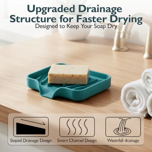 Self Draining Soap Dish with Drain Spout - Bar Soap Holder for Bathroom & Kitchen Sink - Flexible Non-Slip Silicone Soap Holder for Bar Soap, Sponge & Scrubber - 1 Pack