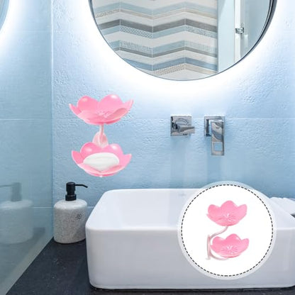 TOYANDONA Double Layer Lotus Soap Dish with Drain Pink Plastic Soap Holder Storage Rack for Bathroom Wall Mount No Drilling Suction Cup