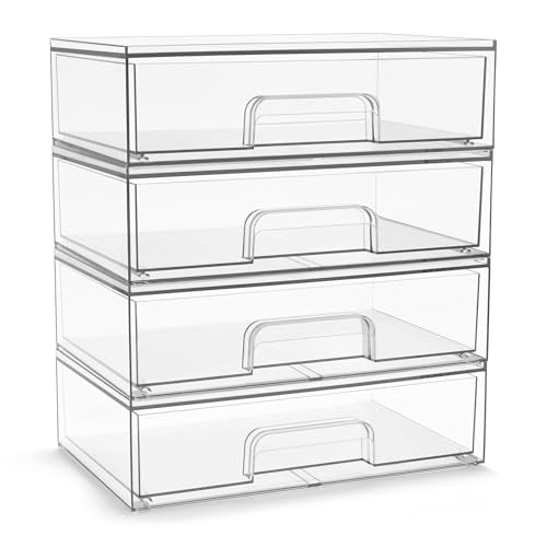 Sorbus Acrylic Storage Containers - 4 Pack, Stackable Storage Bins Set for Bathroom Organization - Clear Acrylic Drawer Organizers - Makeup Case Pull-Out Drawers (12.1’’ Wide) - size: 4 Pack, 12.1’’ Wide