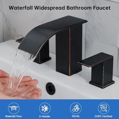RUMOSE Bathroom Faucets Bronze Bathroom Sink Faucet 3 Hole with Drain | 8 inch Widespread 2 Handles Lavatory Vanity Faucet Set, Waterfall Spout, Deck Mounted, Pop Up Drain, Stainless Steel - color: Oil Rubbed Bronze