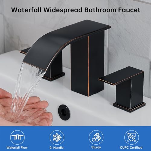 RUMOSE Bathroom Faucets Bronze Bathroom Sink Faucet 3 Hole with Drain | 8 inch Widespread 2 Handles Lavatory Vanity Faucet Set, Waterfall Spout, Deck Mounted, Pop Up Drain, Stainless Steel - color: Oil Rubbed Bronze