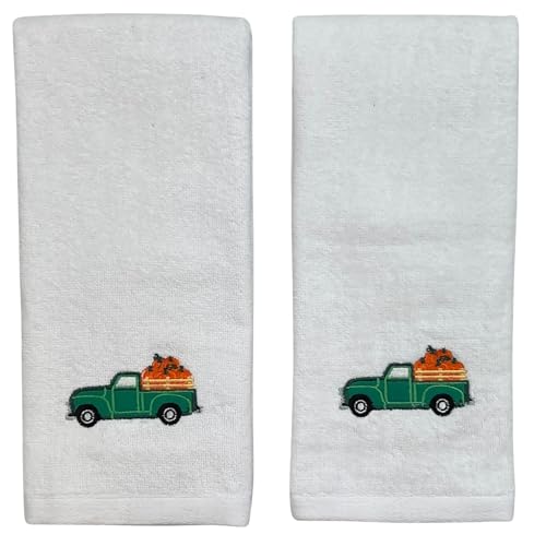 Serafina Home Farmhouse Fall Hand Towels for Bathroom: Ivory Vintage Truck Carrying Pumpkins, 100% Cotton Towels, 2 Piece Set, 16" x 25" - color: Green Truck