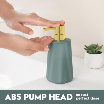 YAUKPH Small Soap Dispenser for Bathroom and Kitchen Matte Green and Gold | Modern Farmhouse Striped Style Plastic Hand Soap Dish Soap Dispenser with Pump - color: Green and Gold