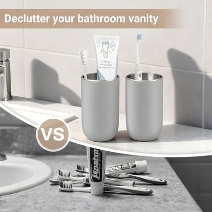 Unbreakable Stainless Steel Toothbrush Holder Tumbler Cup for Bathroom 13oz | Reusable Kids Bathroom Tumbler Cup & Tooth Brush Holder, Countertop Toothpaste Organizer Storage Set, Grey 2 Pack - color: Grey