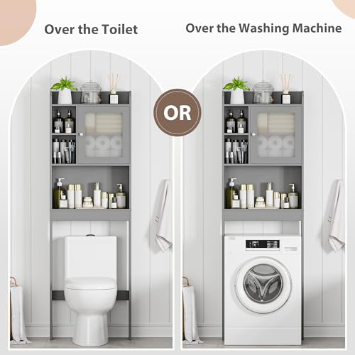 SUPER DEAL Over The Toilet Bathroom Storage Cabinet Freestanding Wooden Bathroom Organizer with Adjustable Shelves and Glass Door, Gray - color: Grey