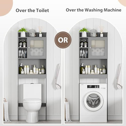 SUPER DEAL Over The Toilet Bathroom Storage Cabinet Freestanding Wooden Bathroom Organizer with Adjustable Shelves and Glass Door, Gray - color: Grey