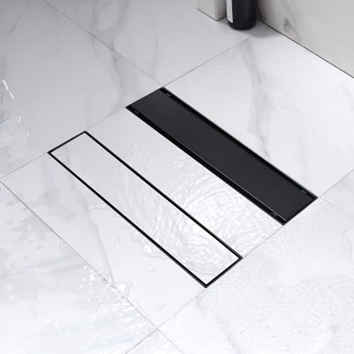 12 Inch Linear Shower Drain Matte Black, Rectangular Reversible 2 in 1 Tile Insert Grate, 304 Stainless Steel Shower Floor Drain Kit, Hair Catcher, Leveling Feet - color: Matte Black, size: 3"x 12"-Tile Insert