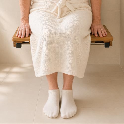 Teak Folding Shower Bench – ADA Compliant Fold Up Shower Chair for Elderly and Disabled, Wall Mounted Folding Seat, 400 lb Capacity Foldable Teak Wood Bath Bench, Stainless Steel Hardware - 24 Inches - size: 24 Inches