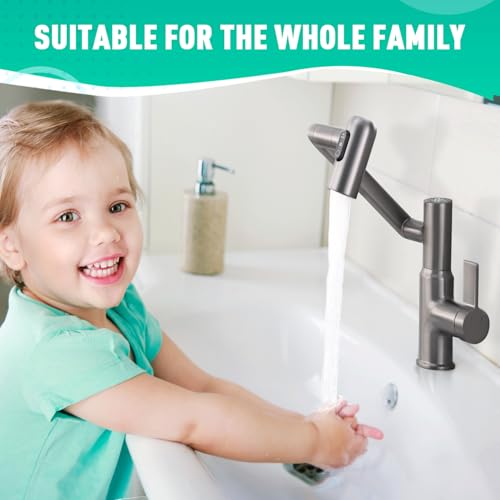 Bathroom Sink Faucet, Rotatable Faucet with Temperature Display in Celsius(Batteries-Free), 1080° Swivel | 3 Water Modes Faucet for Bathroom Kitchen Rv, LCF-2401, Grey - color: Grey - Celsius