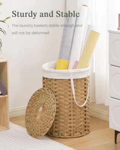 SETVSON Laundry Hamper with Lid Laundry Basket with Lid 72L, Natural | 19 Gal Round PE Rattan Hamper with Lid, Removable Washable Liner Bag, 2 Mesh Wash Bags, Steel Frame, Handles - color: Natural, size: 72 L